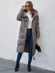 GASMAN Damen einfarbiger langärmeliger Reißverschluss-Kapuzen-Mantel mit Wattierung, Winter - Grau - Übersicht 5