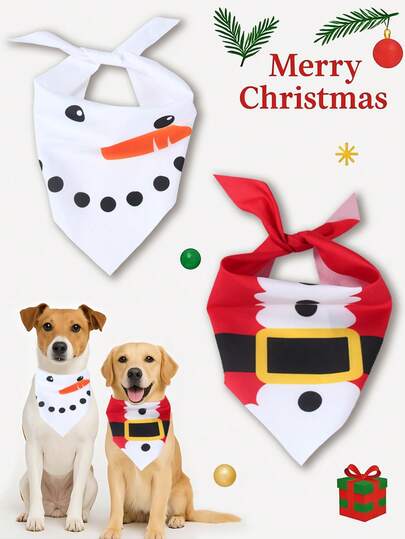 2件装圣诞雪人和圣诞老人图案宠物围兜，尺寸可调节，可用作宠物围巾/头巾，圣诞装饰品
