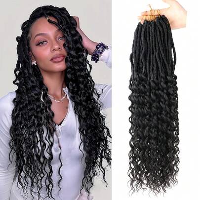 3 Packs Deep Wave Faux Locs Crochet Hair Deep Nu Locs 24 Inch Synthetic Goddess Locs Crochet Hair Pre-Looped Deep Wavy Synthetic Hair Extension Dreadlocs Synthetic Hair Extension