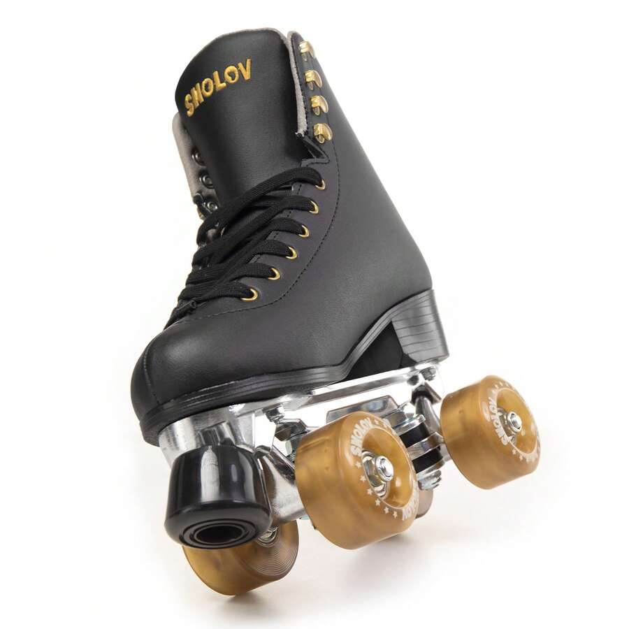 SHOLOV Offers A Pair Of Unisex Roller Skates Featuring A Luxurious Double-Layer Microfiber Leather Design. These Professional Indoor And Outdoor Quad Skates Are Suitable For Both Girls And Adults, And Make An Excellent Gift. - Black - View 1