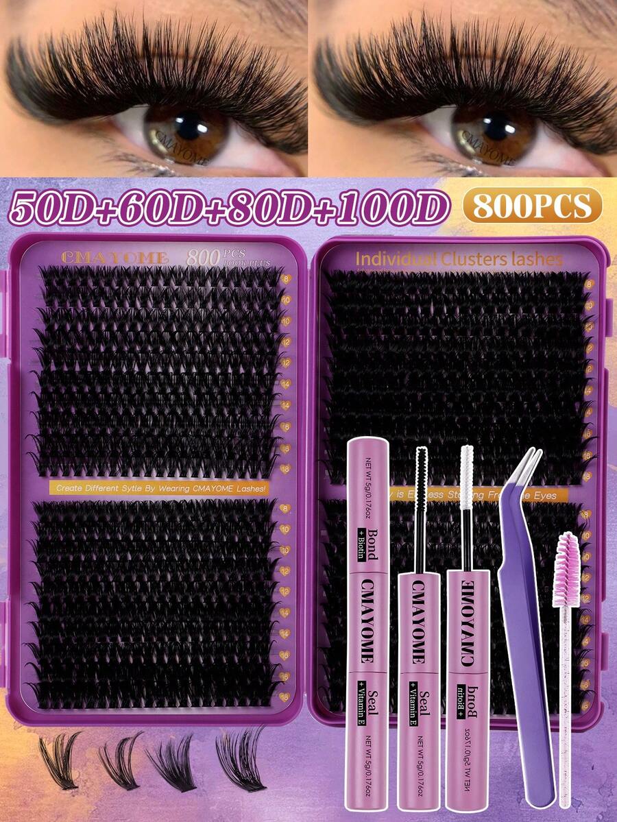 CMAYOME 800/640/621 Pcs D-Shaped High-Capacity Mixed Pack Of False Eyelashes And Mascara, 10D + 20D + 30D + 40D/50D + 60D + 80D + 100D / 30D + 40D + 60D + 80D / 80D + 100D + 120D + 150D. Multiple Specifications With Varying Densities And Softness. Natural And Fluffy False Eyelashes. DIY False Eyelashes. Natural-Looking Cluster Of False Eyelashes.
