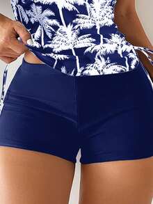 Conjunto De Trajes De Baño Para Mujer Con Top Halter Impreso De Árbol De Coco Y Troncos De Color Sólido,Bikini Estilo Chaleco Estampado Con Palmeras Para Mujer - Azul y blanco - Ver 5