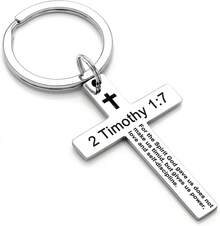 Llavero con versículo bíblico y cruz cristiana, llavero de cruz para hombres y mujeres con escritura religiosa, regalo de Navidad - 2 Timoteo 1:7 - View 1