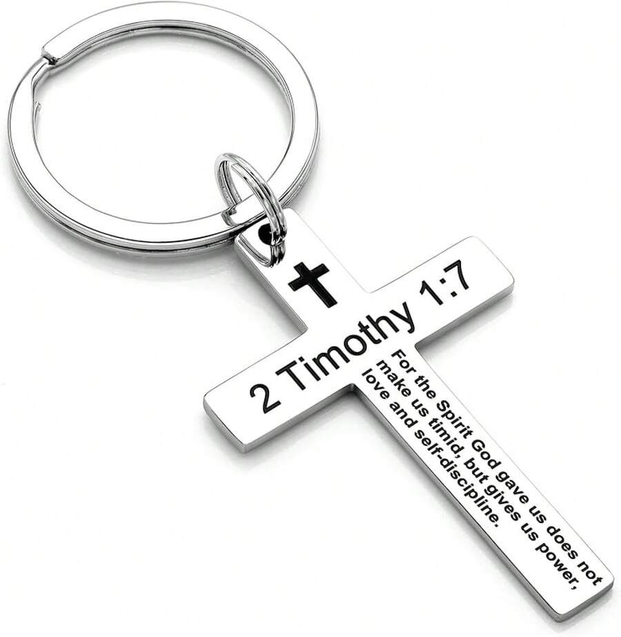 Llavero con versículo bíblico y cruz cristiana, llavero de cruz para hombres y mujeres con escritura religiosa, regalo de Navidad - 2 Timoteo 1:7 - View 1