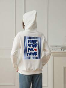 女士冬季字母印花长袖抽绳卫衣，带口袋，休闲宽松多功能节日风格上衣，秋季女装，冬季女装时尚，适合日常穿着。 - 白色 - 查看 2