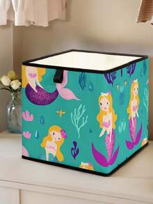 1 pieza Caja de almacenamiento abierta con estampado de sirena de dibujos animados, organizador apilable, diseño resistente y de múltiples usos que ahorra espacio para el hogar, dormitorio, organización del hogar, almacenamiento debajo de la cama