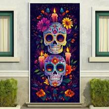 1 件骷髅万圣节门饰 - 涤纶材质，骷髅头和蜡烛，营造诡异氛围，35.4 英寸 * 70.8 英寸，适用于卧室、客厅、浴室、厨房门、窗户装饰。适用于家居、办公室、浴室派对、万圣节装饰、节日派对装饰，耐用派对装饰 - 彩色 - 查看 9