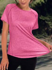 Camiseta casual de mujer de unicolor - Cuello redondo, ligera, de manga corta, mezcla elástica de poliéster, adecuada para primavera y verano, ajuste relajado básico, camiseta sin mangas holgada para mujer, tops deportivos - Rosa Fucsia - Ver 3
