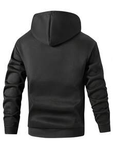 Plus Size Men's Hooded Drawstring Sweatshirt With Pockets, Suitable For Casual And Sports Wear, Spring/Autumn - Black - View 2