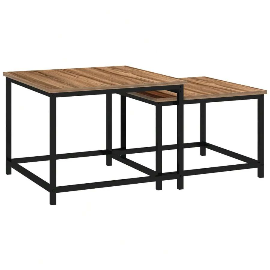 Coffee Table Set Of 2 Side Tables In Industrial Design Living Room Table With Wood Look And Steel In Natural - 1 - View 1