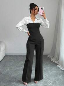 Women's Thin Striped Patchwork Elegant Casual 2-Piece Set, Long Sleeve Top And Pants, Suitable For Office And Home, Spring/Summer/Autumn