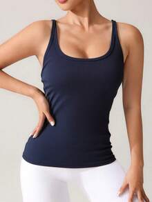 U领蓝色露背吊带背心，修身透气，时尚无袖上衣，带胸垫，四季皆宜 - 藍色 - 查看 4