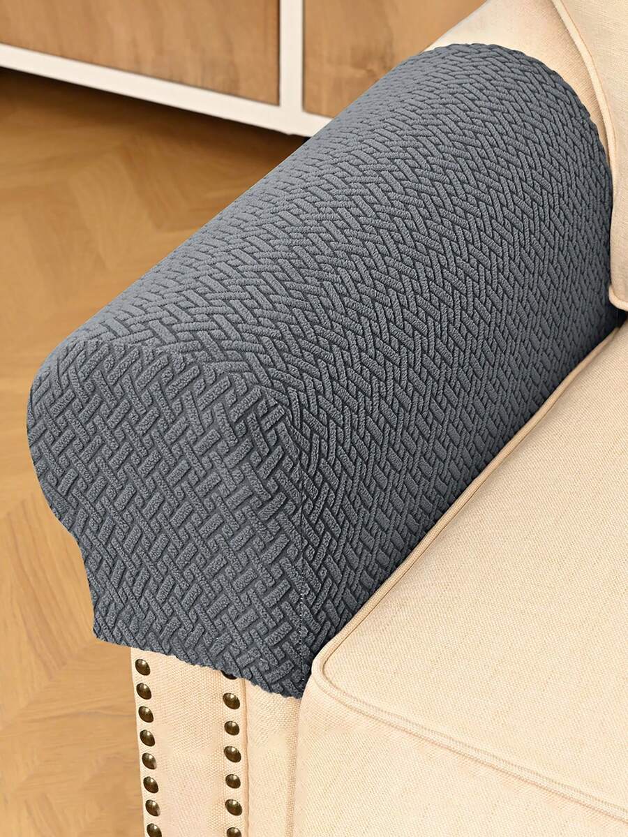 2 buah Sarung Sandaran Lengan Sofa Beludru Jacquard, Pelindung Sandaran Lengan Sofa Universal Elastis dari Bulu Poliester untuk Semua Musim, Sarung Sandaran Lengan Dekoratif - Dark Grey - View 1