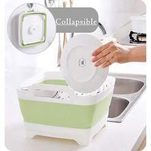 9L 2.4Gal Dish Basin Collapsible With Drain Plug Carry HandlesKitchen Storage Tray Dish Wash Basin Portable Dish Tub Foldable Dishpan For Camping RV Gray - 淺綠色 - 查看 5