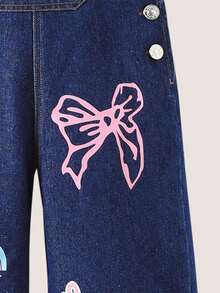 Girls' Cute Overalls, 2025 Autumn New Arrival, Playful Floral, Rainbow, Bow Print, Blue Denim Long Jumpsuit - Blue - View 3