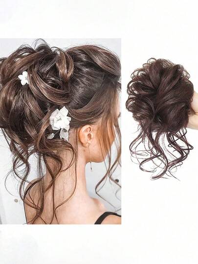 1个女士花朵发髻凌乱发圈，自然蓬松长发马尾假发片，美发造型套装，美发工具套装，家居美发饰品