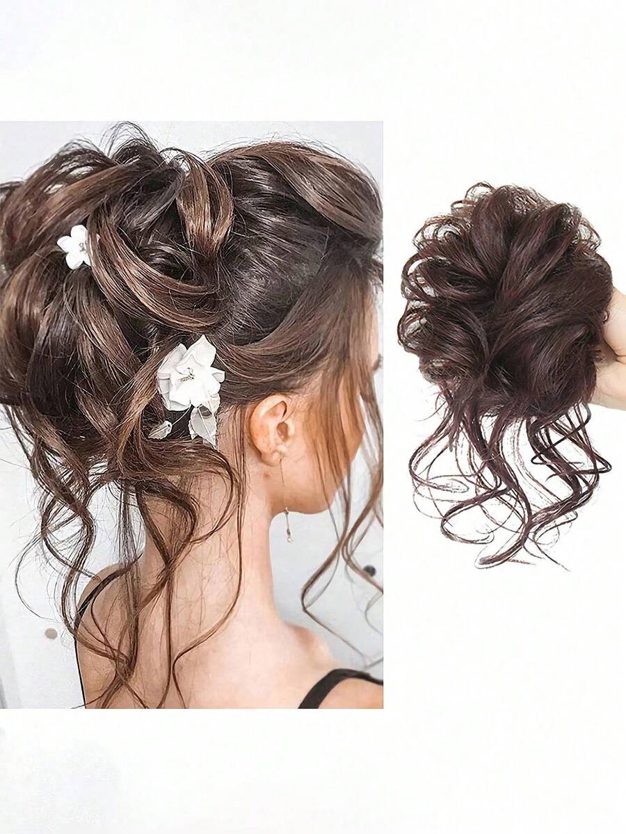 1 件女士花朵发髻凌乱发圈，自然蓬松长发马尾辫发片，发型套装，美发工具套装 - 棕色 - 查看 1