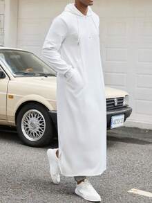 Kamisweat 穆斯林男士连帽黑色长袍，适合礼拜、度假、日常休闲、轻运动穿着。舒适的面料设计，简洁时尚的前胸拉链设计，两侧斜插口袋更加灵活，下摆两侧开衩设计，不易绊倒。多种颜色可选，蓝色、深绿色、橄榄绿、红色、卡其色、白色、灰色、棕色、紫色、红色，总有一款适合您。