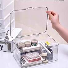 1 pieza Organizador de medicina Caja de almacenamiento, Estuche de almacenamiento de escritorio transparente, Contenedor de almacenamiento a prueba de polvo con tapa abatible. Organizador de medicina doméstico mini. Almacenamiento multifuncional para cosméticos, mascarilla facial, papelería, varios - Multicolor - Ver 19