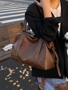 City Commute Large Capacity Shoulder Tote Bag, Solid Color Vintage PU Leather, Versatile High-Quality Bag Suitable For Travel, Shopping, Work, Etc.