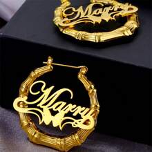 50mm Customized Name Bamboo Hoop Earrings, Personalized Jewelry Name Earrings, Heart-Shaped Birthday Gift For Women - Gold-round Bamboo-edwardian Script ITC - View 4
