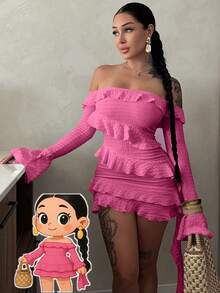 Đầm nữ trễ vai xếp ly thanh lịch lãng mạn, thích hợp cho buổi hẹn hò, tiệc tùng, ngày Valentine, ôm sát. - Màu Hồng Tươi - Xem 3