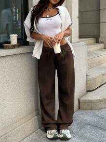 Sulojter Casual Loose Solid Color Elastic Waist Sweatpants - Coffee Brown - View 2