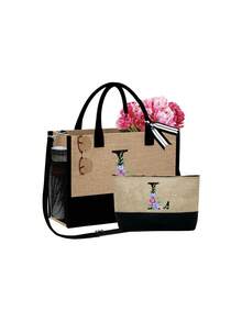 2pcs/Set Women's Beach Tote Bag With Shoulder Strap, Beach Hat And Cosmetic Bag, Personalized Letter A-Z Beach Accessory Bag With Side Pocket, Ideal Gift For Women, Mothers, Teachers, Friends, Bridesmaids, Students, Suitable For Beach Vacation, Outdoor Wedding, Birthday, Holiday, Large Capacity For Weekend Getaway - Multicolor - View 24