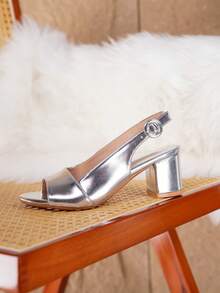 Giày cao gót hở mũi quai mắt cá chân cho nữ, giày cao gót da màu bạc đa năng, thoải mái khi đi nghỉ, đi làm, thích hợp cho lễ Halloween, tiệc Giáng sinh - Bạc - Xem 7