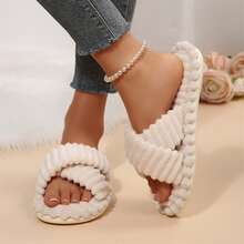 Womens Slippers Fall Winter Memory Foam Open Toe Slide Indoor Outdoor House Shoes Plush Cotton Fuzzy Bedroom Slippers - Khaki - View 10