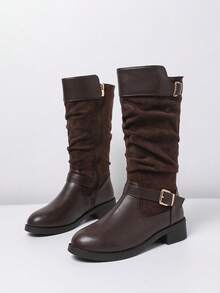 Botas de Tornozelo Retrô com Fivela para Mulheres Plus Size, Cor Sólida, Outono/Inverno, Design de Zíper Lateral e Cano Médio, Prático e Fashion. Forro Térmico para Aquecimento, Sola Plana Confortável, Couro + Forro de Lã Melhora a Qualidade e Elegância do Calçado, Formato Elegante da Perna, Versátil para Passeios, Um Item Fashion Indispensável no seu Guarda-Roupa.