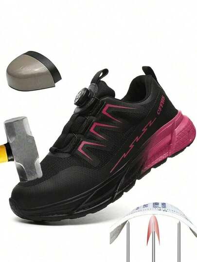 Women's Shoes With Steel Toe, Anti-Pressure, Anti-Smash, Anti-Slip, Comfortable, Breathable, Rotary Button Protection, Black And Red, Suitable For All Seasons (Note: Chinese Size - Run One Size Larger)