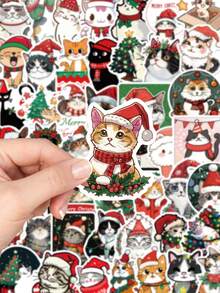 50PCS Cute Christmas Cat Stickers Cartoon Merry Christmas Decals For Water Bottle Phone Scrapbook Stationery Fridge Laptop Sticker Christmas Toy Gifts - Multicolor - View 5