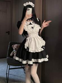 Cute Lolita Maid Costume With Ruffle Hem Flared Ball Gown And Puff Sleeves Round Neck Contrast Lace Design Perfect For Party
