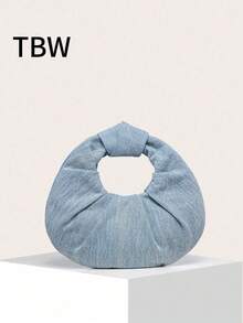 女士云状褶皱纯色牛仔手提包，时尚，适合外出。