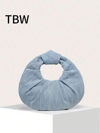 Ladies' Handbag In Denim With Cloud Pleats And Solid Color, Stylish And Suitable For Outings.