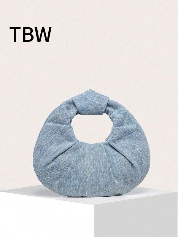 Ladies' Handbag In Denim With Cloud Pleats And Solid Color, Stylish And Suitable For Outings.
