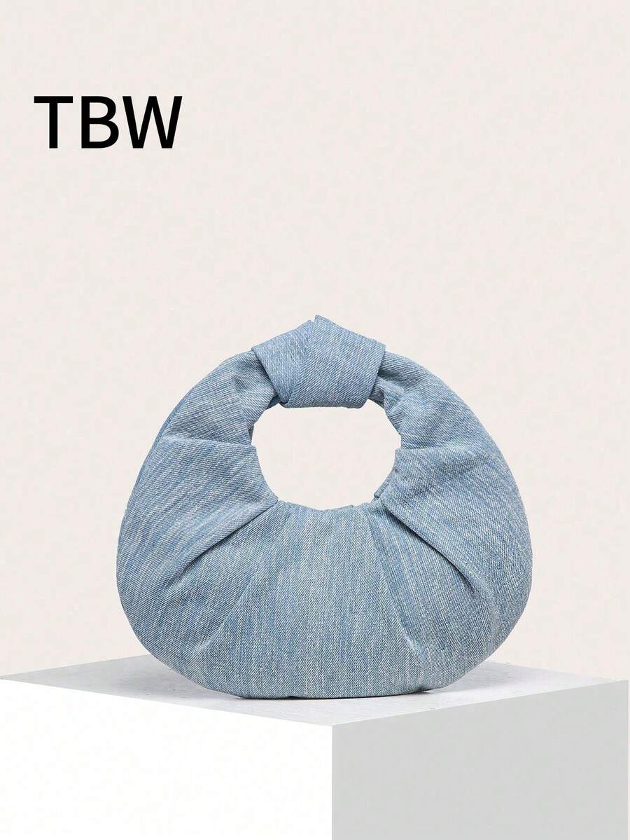 女士云状褶皱纯色牛仔手提包，时尚，适合外出。