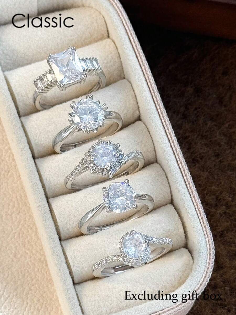 5pcs Elegant Geometric Cubic Zirconia Adjustable Rings Set, Unique Design Suitable For Party, Wedding Wear (No Gift Box)