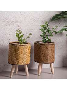 Handcrafted Rattan Weave Planter Basket, Woven Flower Pot Woven Grass Flower Basket , A Round Flower Pot With A Tripod, A Circular Indoor Planter, Balcony Decoration, Suitable For Both Indoor And Outdoor Use - 棕色 - 查看 4