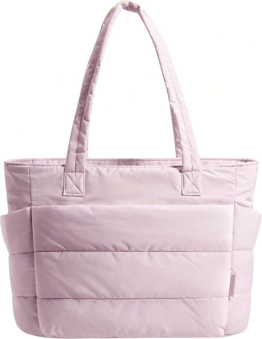 Tote Bag For Women, Lightweight Puffy Tote Bag With Compartments Quilted Shoulder Bag Handbag For Travel, Work, Gym - Pink - View 1