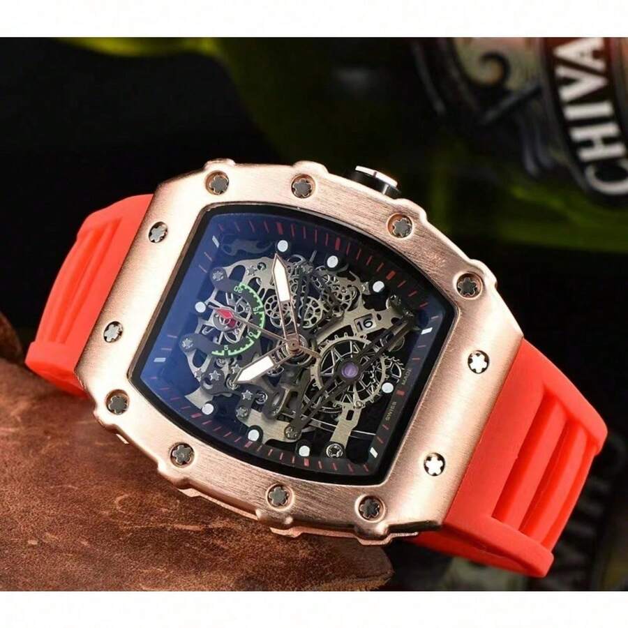 ..Ichard-Style Barrel Skeleton Quartz Watch, Luxury Business Casual Wristwatch With Luminous & Calendar, For Men And Women - 紅色 - 查看 1