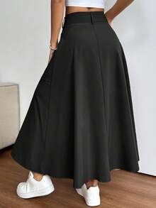 Falda larga casual con cremallera frontal y cintura elástica de unicolor negro para primavera - Negro - Ver 2