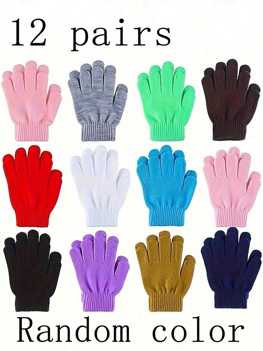 12/1 Paio di guanti invernali caldi per bambini - guanti a maglia morbida a dita intere per climi freddi con polsini elastici, disponibili in più colori (nero mostrato), adatti per bambini e bambine, lavare a mano, protezione dal freddo (colore casuale dei guanti)