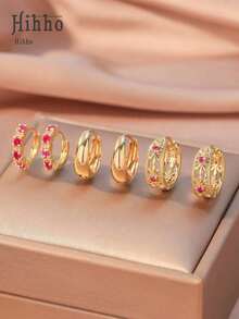 Hihho 3 Pairs Fashionable Copper Hollow Geometric Round Hoop Earrings With Vintage Floral Design And Sparkling Zirconia Stud Earrings, Decorative Women Earrings Gift For Festivals - Hồng Nóng 2 - Xem 5