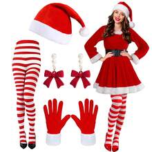 6 件节日圣诞服装配饰套装 - 涤纶和氨纶混纺 - 包括圣诞帽、条纹袜、红绿手套、蝴蝶结耳环 - 高弹性、优质毛绒、无羽毛女士圣诞服装