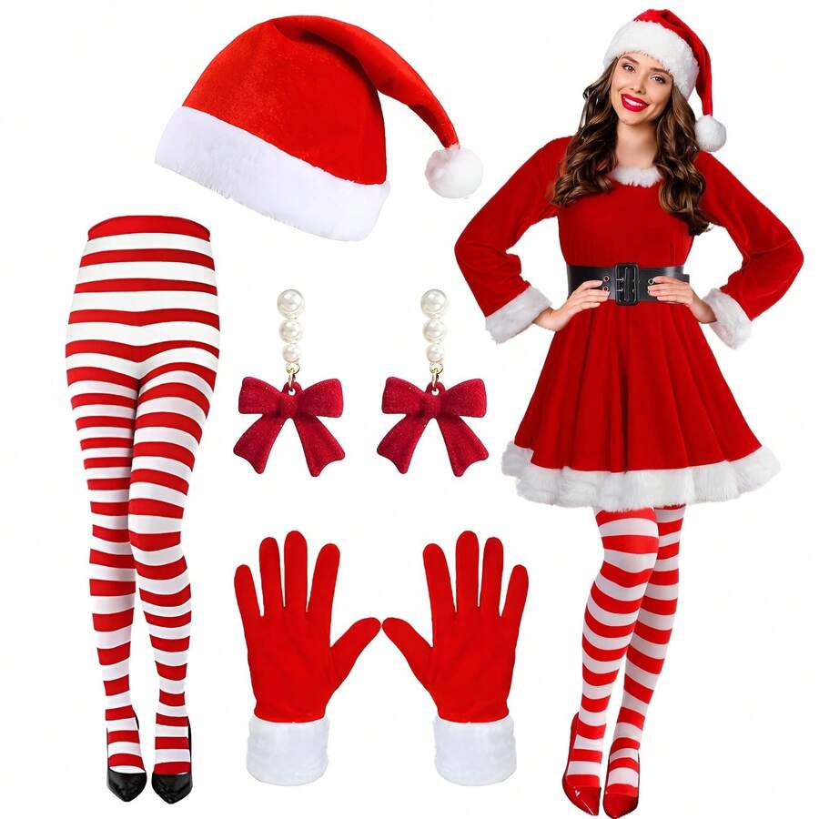 6 件节日圣诞服装配饰套装 - 涤纶和氨纶混纺 - 包括圣诞帽、条纹袜、红绿手套、蝴蝶结耳环 - 高弹性、优质毛绒、无羽毛女士圣诞服装