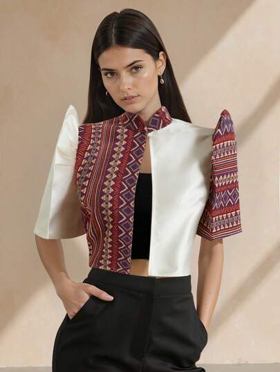 Amyenjoylife Modern Philippine-Inspired Blouse, Philippine-Inspired Butterfly Sleeve Blouse, Women's Spring/Summer Printed Stand Collar Puff Sleeve Colorblock Cropped Top, Women's Philippine-Inspired Shawl, Red Blouse