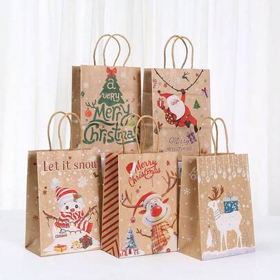 5pcs/12pcs/24pcs Christmas Plastic Gift Bags - Mixed Colors With Snowman, Reindeer, Santa Claus And Christmas Tree Patterns, Kraft Paper Bags With Handles For Holiday Party Decor, Christmas Gift Wrapping Supplies, Holiday Themed Design, Christmas Decoration, Christmas Gift Packaging, New Year Decoration