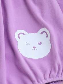 2件套女婴可爱小熊字母图案拼接领长袖连体衣和发带套装，休闲日常穿着，秋冬季 - 紫色 - 查看 4